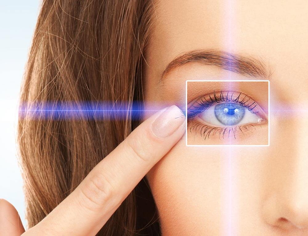 Woman pointing at her her eye.